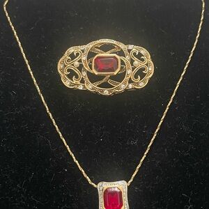 Elegant Gold and Red Necklace and Brooch Set